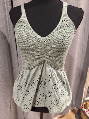 Francesca’s Sleeveless Crochet Peplum Tank Top in Sage Green -Size Small